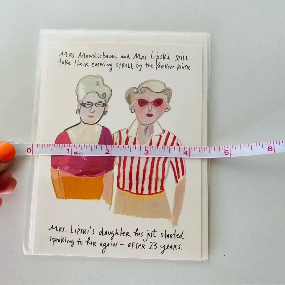NEW ANTHROPOLOGIE Illustrated Cartoon Comedy Tan Red Pink Greeting Card s/2